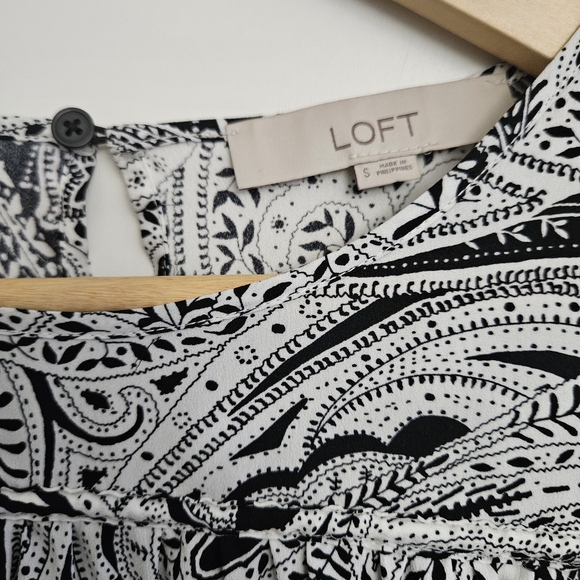 LOFT Black & White Paisley Border Print Midi Dress | Boho Chic Mod Shift - Picture 5 of 6